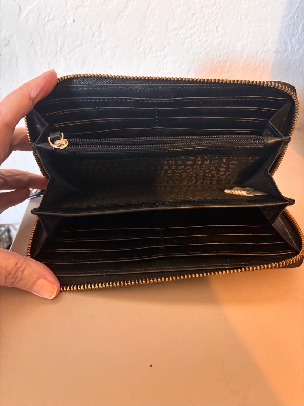 kate spade Cream and Black Grid Zip-Around Wallet - Picture 4 of 6